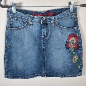 Y2K Seventy Jeans Denim Mini Skirt Floral Embroidery Blue Size 7 8